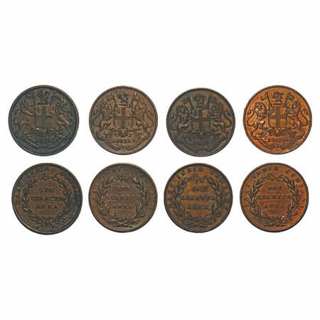 William IV, Copper, Quarter Anna, (4 coins), 1835, 1) Calcutta Mint, A/I, Rev aligned, Lar