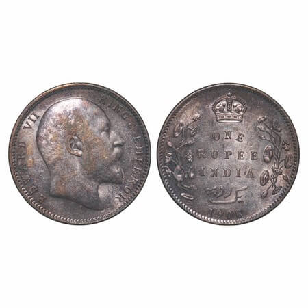 Edward VII, Silver, Rupee, 1906, Calcutta Mint, No mint mark. F. Prid 192. GK 938. About U