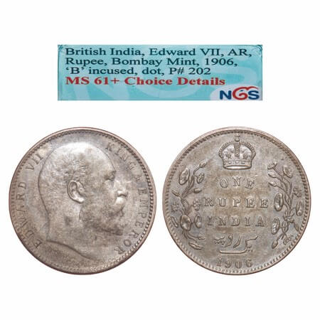 Edward VII, Silver, Rupee, 1906, Bombay Mint, 'B' incused and dot. F. Prid 202. GK 940. NG