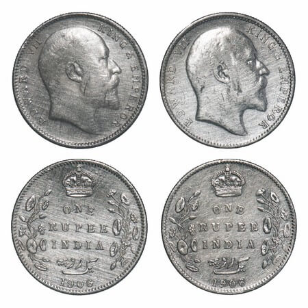 Edward VII, Silver, Rupee, (2 coins), 1906, Bombay Mint, 'B' incused and dot. F. Prid. 202