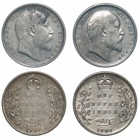 Edward VII, Silver, Rupee, (2 coins), 1907, 1) Calcutta Mint, No mint mark, 2) Bombay Mint