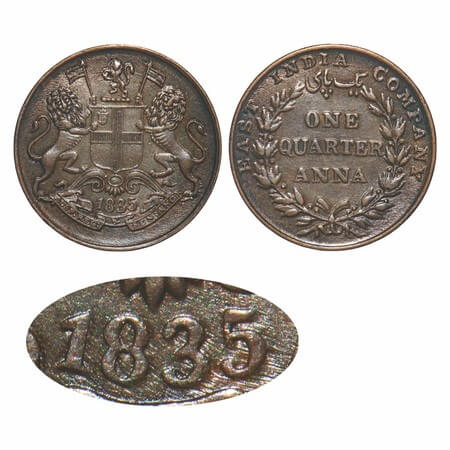 William IV, Copper, Quarter Anna, 1835, Madras Mint, A/II, Large numerals of year, Wreath 