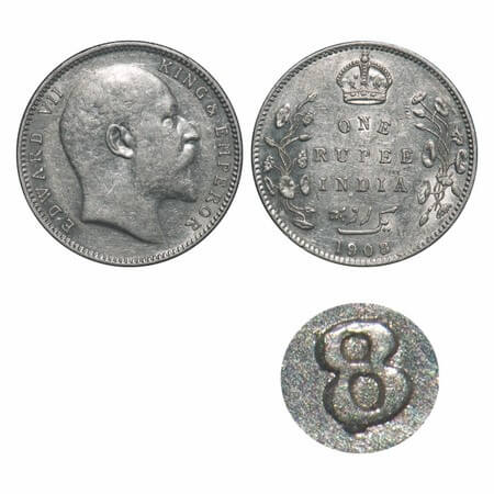 Edward VII, Silver, Rupee, 1908, Bombay Mint, 'B' incused & dot, Numeral 8 strucked on num