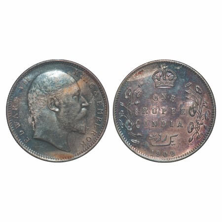 Edward VII, Silver, Rupee, 1909, Calcutta Mint, No mint mark. F. Prid 195. GK 950. Uncircu