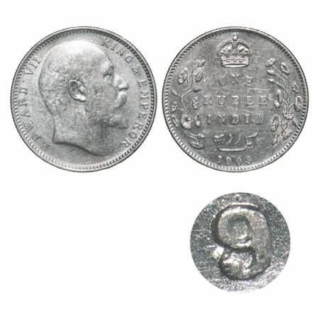 Edward VII, Silver, Rupee, 1909, Bombay Mint, 'B' incused & dot, Numeral 9 strucked on num
