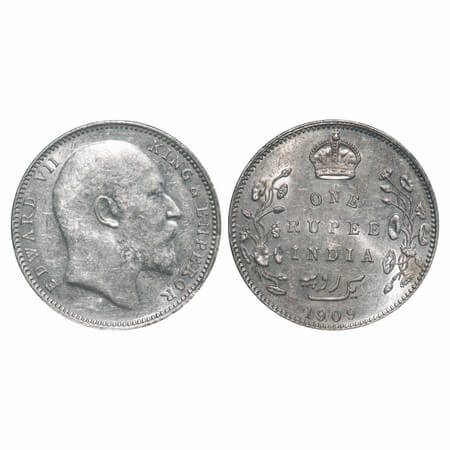Edward VII, Silver, Rupee, 1909, Bombay Mint, 'B' incused and dot. F. Prid 205. GK 952. Un