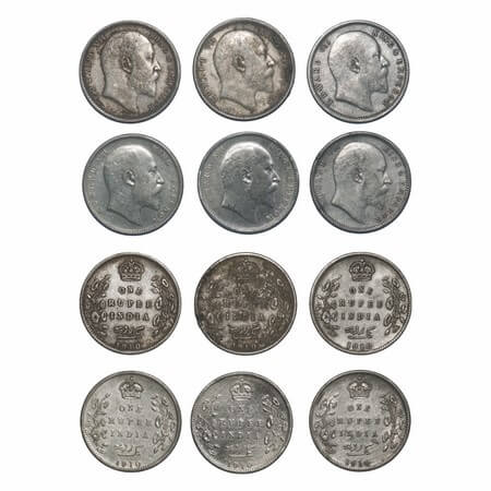 Edward VII, Silver, Rupee, (lot of 6 coins), 1910, Calcutta Mint, No mint mark, More spaci