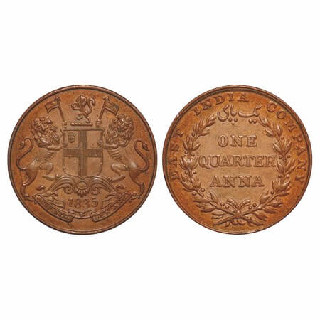 William IV, Copper, Quarter Anna, 1835, Madras Mint, A/II, Rev aligned, Wreath with 18 Ber