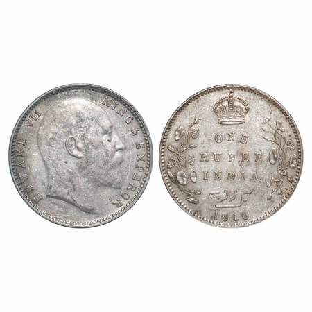Edward VII, Silver, Rupee, 1910, Bombay Mint, No B only dot. F. Prid Unlisted. GK 959. Abo