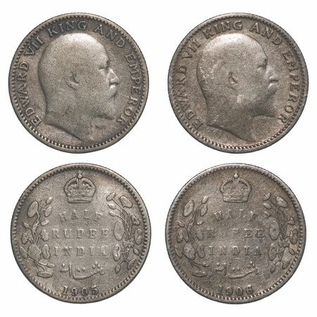 Edward VII, Silver, Half Rupee, (2 coins), 1905, 1906, Calcutta Mint, No mint mark. F. Pri