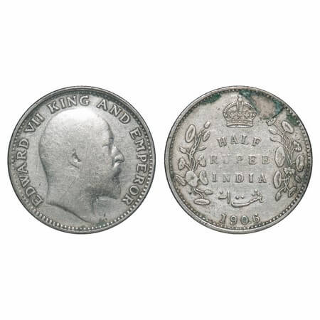 Edward VII, Silver, Half Rupee, 1906, Bombay Mint, 'B' incused, No dot. F. Prid. 315. GK 9