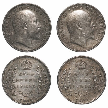 Edward VII, Silver, Half Rupee, (2 coins), 1) 1907, Bombay Mint, 'B' incused and dot, 2) 1