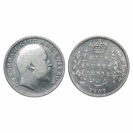 Edward VII, Silver, Half Rupee, 1907, Bombay Mint, 'B' incused, No dot. F. Prid. 316. GK 9