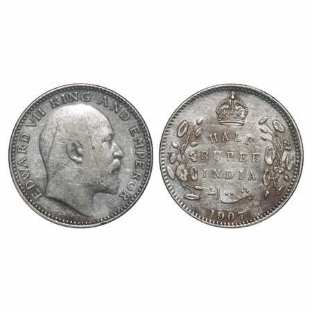 Edward VII, Silver, Half Rupee, 1907, Calcutta Mint, No mint mark, Ghost on Rev. F. Prid. 