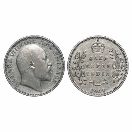 Edward VII, Silver, Half Rupee, 1907, Calcutta Mint, No mint mark. F. Prid 311. GK 967. Ex