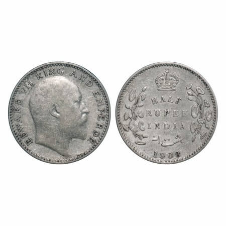 Edward VII, Silver, Half Rupee, 1908, Calcutta Mint, No mint mark, Ghost on Rev. F. Prid. 