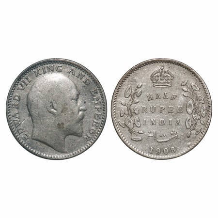 Edward VII, Silver, Half Rupee, 1908, Calcutta Mint, No mint mark. F. Prid. 312. GK 968. V