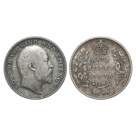 Edward VII, Silver, Half Rupee, 1909, Calcutta Mint, No mint mark. F. Prid 313. GK 969. Ex