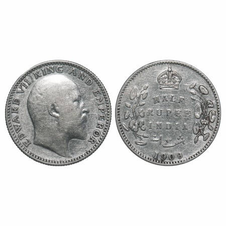 Edward VII, Silver, Half Rupee, 1909, Calcutta Mint, No mint mark. F. Prid. 313. GK 969. V