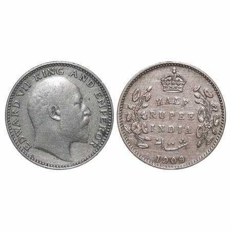 Edward VII, Silver, Half Rupee, 1909, Calcutta Mint, No mint mark. F. Prid 313. GK 969. Ex