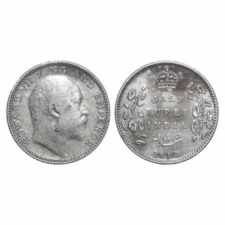Edward VII, Silver, Half Rupee, 1910, Bombay Mint, 'B' incused and dot. F. Prid. 317. GK 9