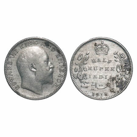 Edward VII, Silver, Half Rupee, 1910, Bombay Mint, 'B' incused & dot. F. Prid 317. GK 970.