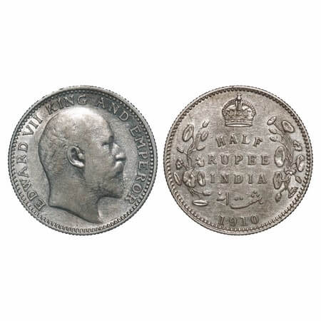 Edward VII, Silver, Half Rupee, 1910, Calcutta Mint, No mint mark. F. Prid 314. GK 971. Ex