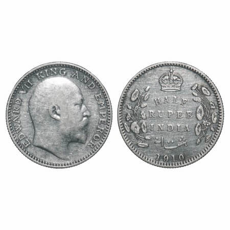 Edward VII, Silver, Half Rupee, 1910, Calcutta Mint, No mint mark. F. Prid. 314. GK 971. V