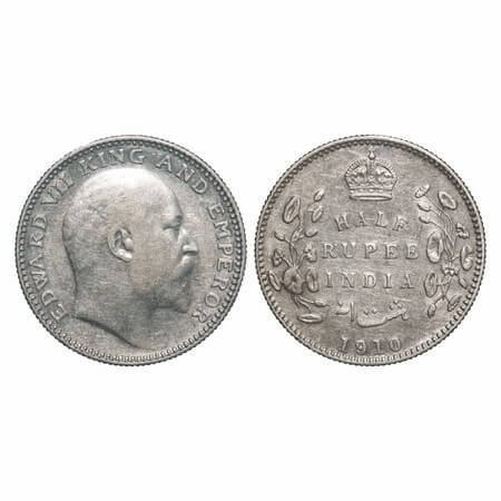 Edward VII, Silver, Half Rupee, 1910, Calcutta Mint, No mint mark. F. Prid. 314. GK 971. E
