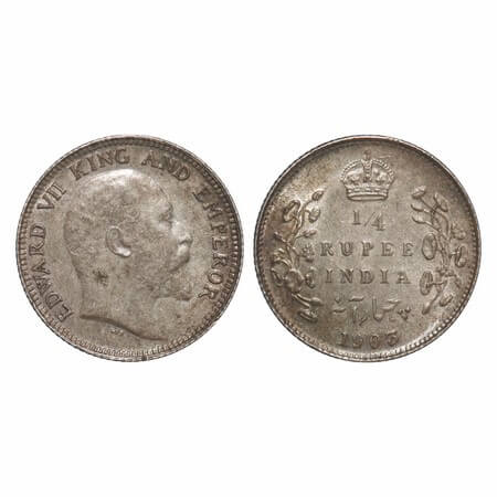 Edward VII, Silver, 1/4 Rupee, 1903, Calcutta Mint, No mint mark, Die cracks on Obv. F. Pr