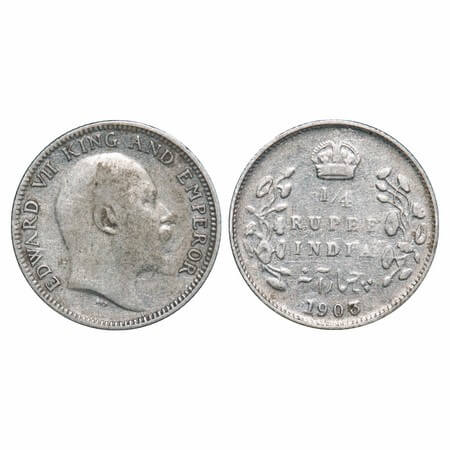 Edward VII, Silver, 1/4 Rupee, 1903, Calcutta Mint, No mint mark. F. Prid 432. GK 972. Ver