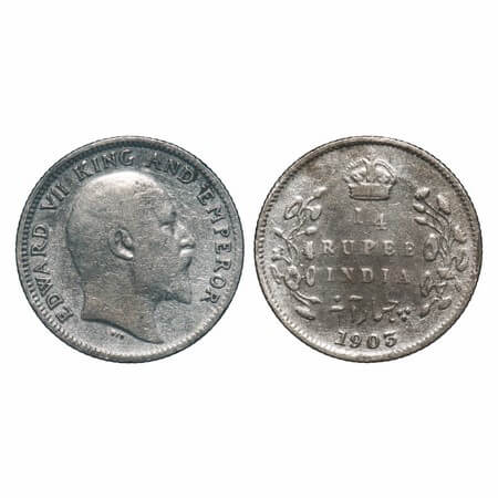 Edward VII, Silver, 1/4 Rupee, 1903, Calcutta Mint, No mint mark. F. Prid 432. GK 972. Ver