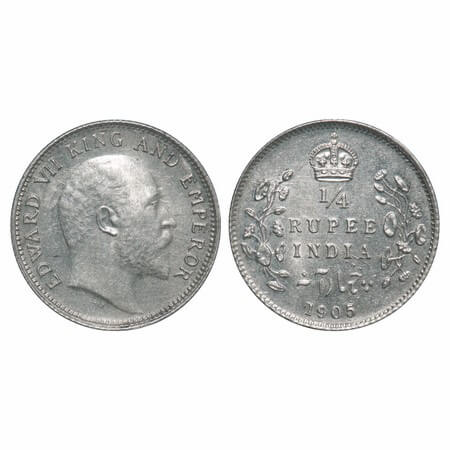 Edward VII, Silver, 1/4 Rupee, 1905, Calcutta Mint, No mint mark, Ghost on Obv & Rev. F. P