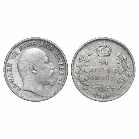 Edward VII, Silver, 1/4 Rupee, 1905, Calcutta Mint, No mint mark. F. Prid 434. GK 974. Ver