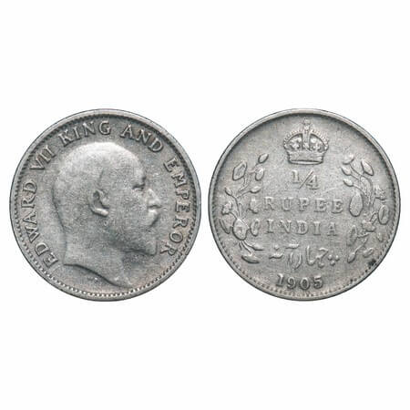 Edward VII, Silver, 1/4 Rupee, 1905, Calcutta Mint, No mint mark. F. Prid 434. GK 974. Ver