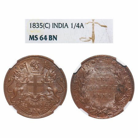 William IV, Copper, Quarter Anna, 1835, Madras Mint, B/V, Small numerals of year, Numeral 