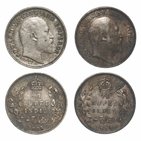 Edward VII, Silver, 1/4 Rupee, (2 coins), 1905, 1910, Calcutta Mint, No mint mark. F. Prid