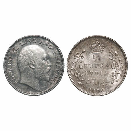 Edward VII, Silver, 1/4 Rupee, 1906, Calcutta Mint, No mint mark, Ghost on Rev. F. Prid 43