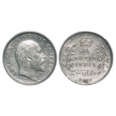 Edward VII, Silver, 1/4 Rupee, 1907, Calcutta Mint, No mint mark. F. Prid 436. GK 976. Abo