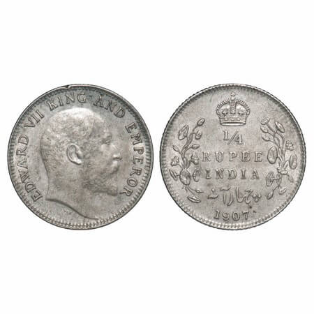 Edward VII, Silver, 1/4 Rupee, 1907, Calcutta Mint, No mint mark, Die crack on Obv. F. Pri