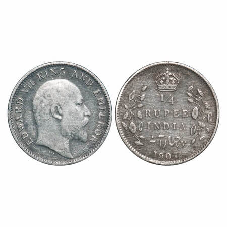 Edward VII, Silver, 1/4 Rupee, 1907, Calcutta Mint, No mint mark. F. Prid 436. GK 976. Ver