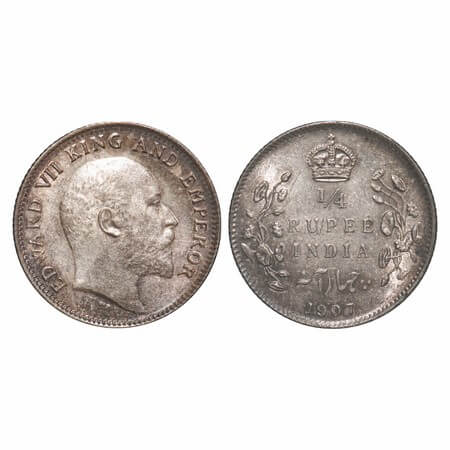 Edward VII, Silver, 1/4 Rupee, 1907, Calcutta Mint, No mint mark, Ghost on Rev, Die crack 