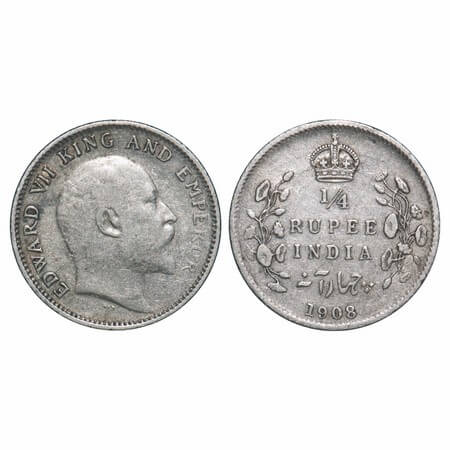 Edward VII, Silver, 1/4 Rupee, 1908, Calcutta Mint, No mint mark. F. Prid 437. GK 977. Ext
