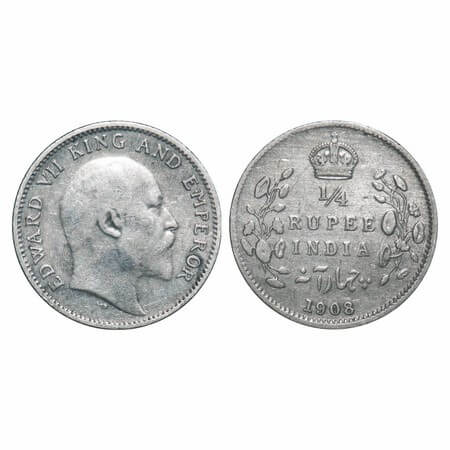 Edward VII, Silver, 1/4 Rupee, 1908, Calcutta Mint, No mint mark. F. Prid 437. GK 977. Ver