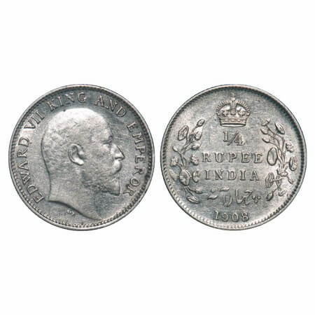 Edward VII, Silver, 1/4 Rupee, 1908, Calcutta Mint, No mint mark, Ghost on Rev. F. Prid 43