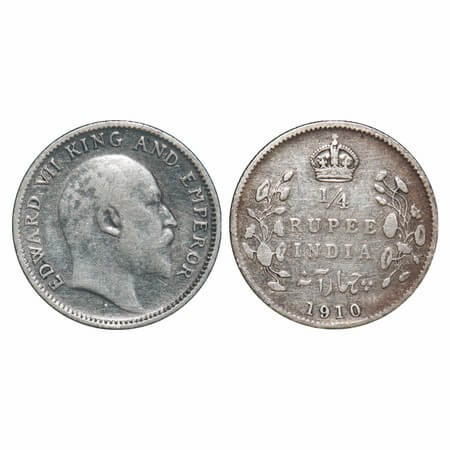 Edward VII, Silver, 1/4 Rupee, 1910, Calcutta Mint, No mint mark. F. Prid 439. GK 978. Ver