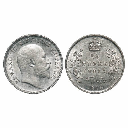 Edward VII, Silver, 1/4 Rupee, 1910, Calcutta Mint, No mint mark. F. Prid 439. GK 978. Abo