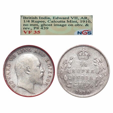 Edward VII, Silver, 1/4 Rupee, 1910, Calcutta Mint, No mint mark, Ghost image on Obv & Rev