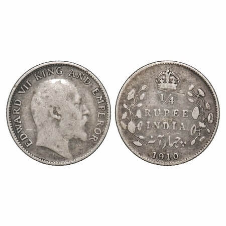 Edward VII, Silver, 1/4 Rupee, 1910, Bombay Mint, Dot, A small raised dot on the right sid