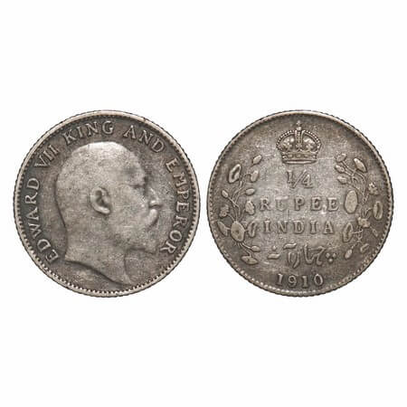 Edward VII, Silver, 1/4 Rupee, 1910, Bombay Mint, Dot. F. Prid Unlisted. GK 979. Extremely